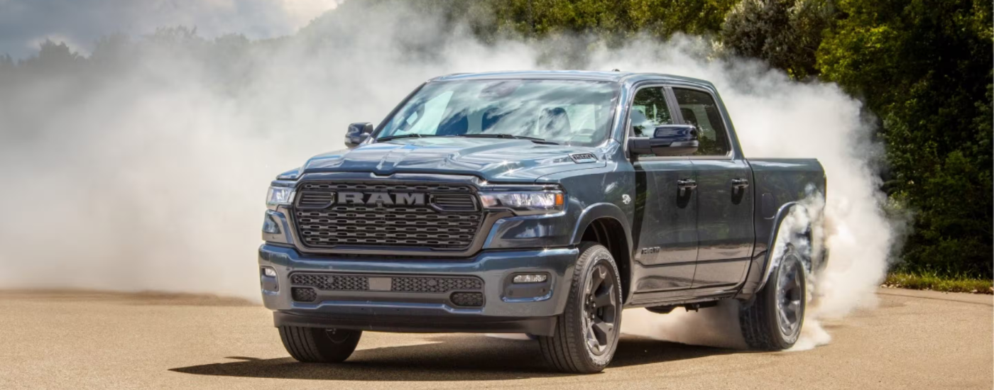 Blue 2026 Ram 1500 doing a burnout