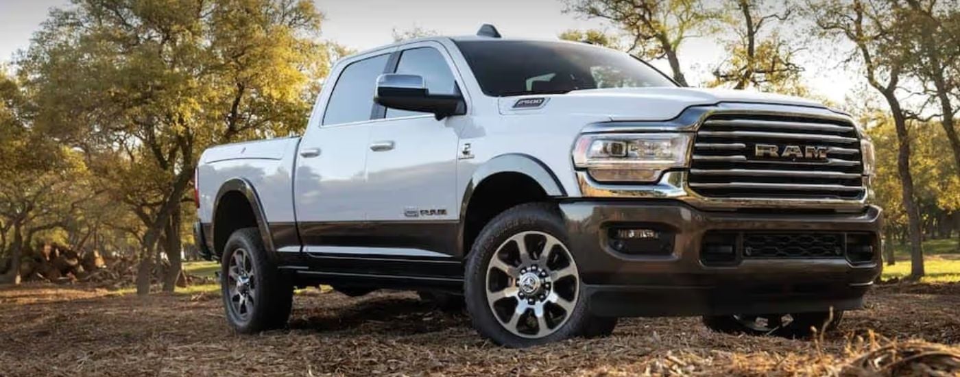 A white 2020 Ram 2500 is shown parked off-road.
